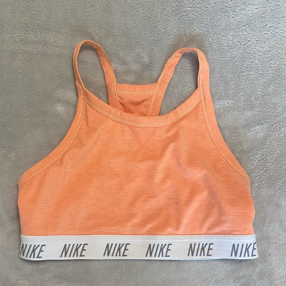 Nike Swoosh Training Soft Tee Sports Bra Padded Orange Racerback Dri Fit